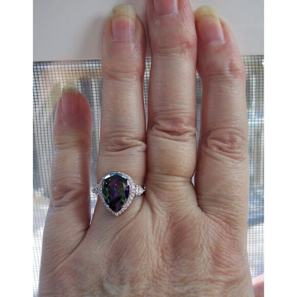 925 Sterling Silver Simulated Mystic Rainbow Topaz CZ Pear Cut Halo Ring - Picture 12 of 16
